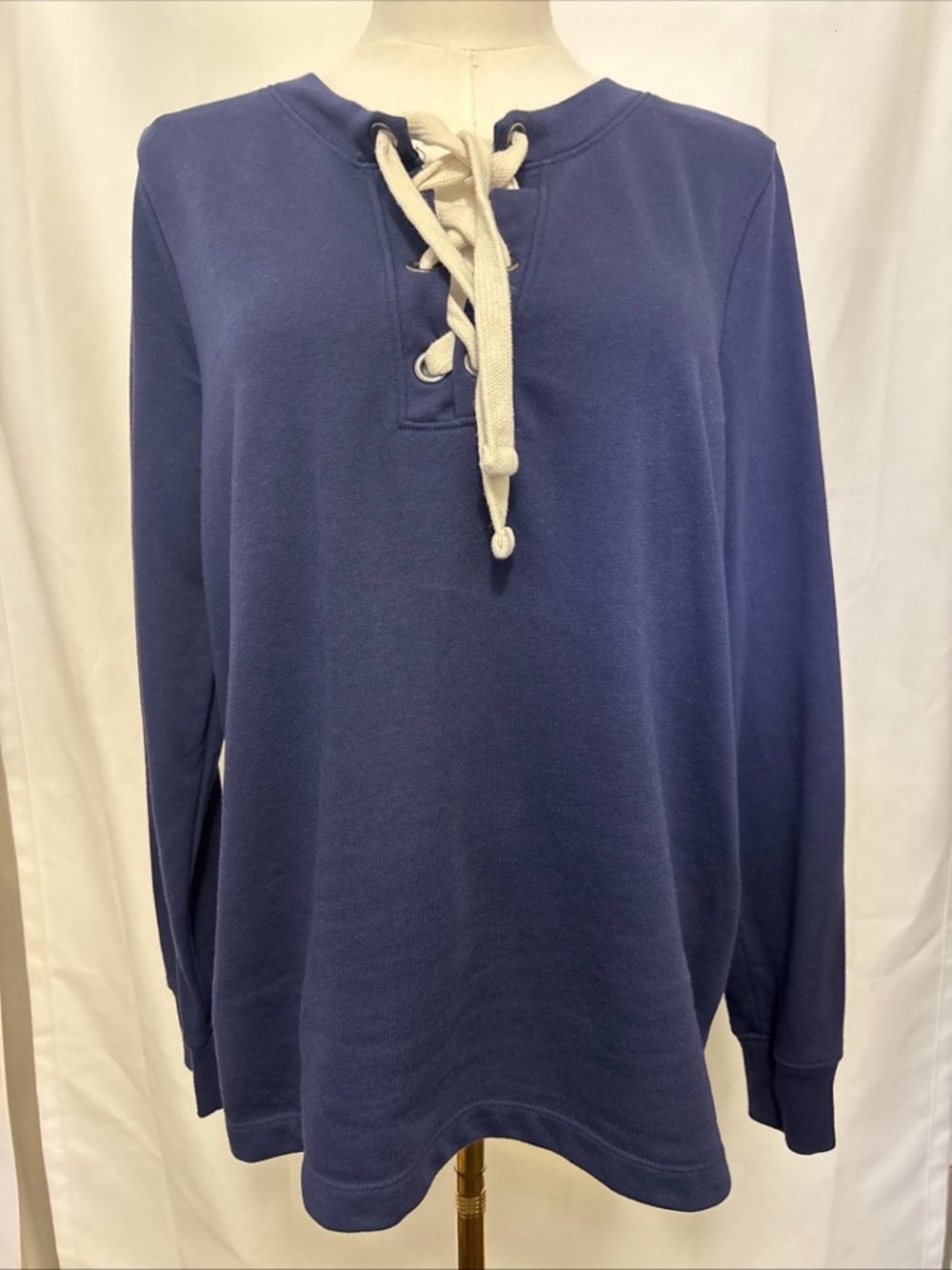 Old Navy Navy Blue Lace-Up Pullover Sweatshirt with Cream Drawstring. Size M.